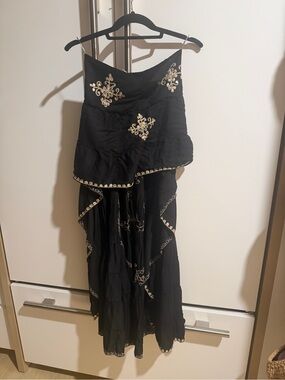 Black Embroidered Strapless Asymmetrical High Low Peplum Blouse